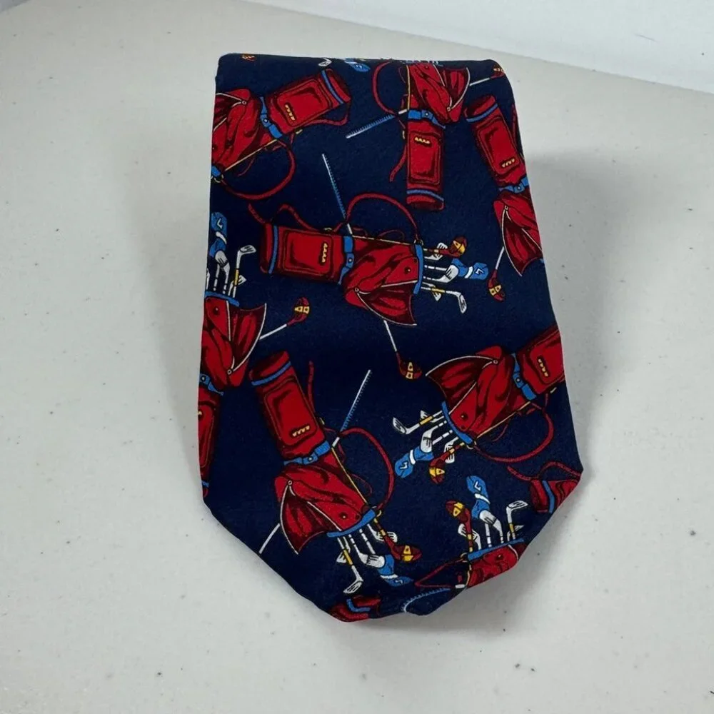 Arturo Nucci Silk Golf Novelty Tie Navy Red Golf Bag Print Necktie Funky Style